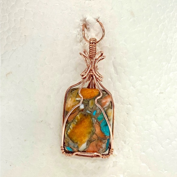 HANDMADE Spiny Oyster Turquoise and Bare Copper Hand Wrapped Statement Pendant - Picture 8 of 10